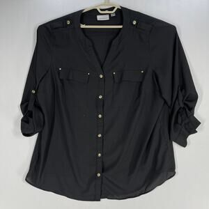 Avenue Button Up Top Womens Plus 22 Black Roll Tab Sleeves Minimalist BLEMISH